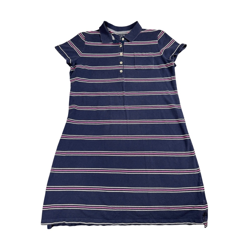 Lands' End Polo Shirt Dress Women Large 14-16 Preppy Striped Navy Pink Sporty